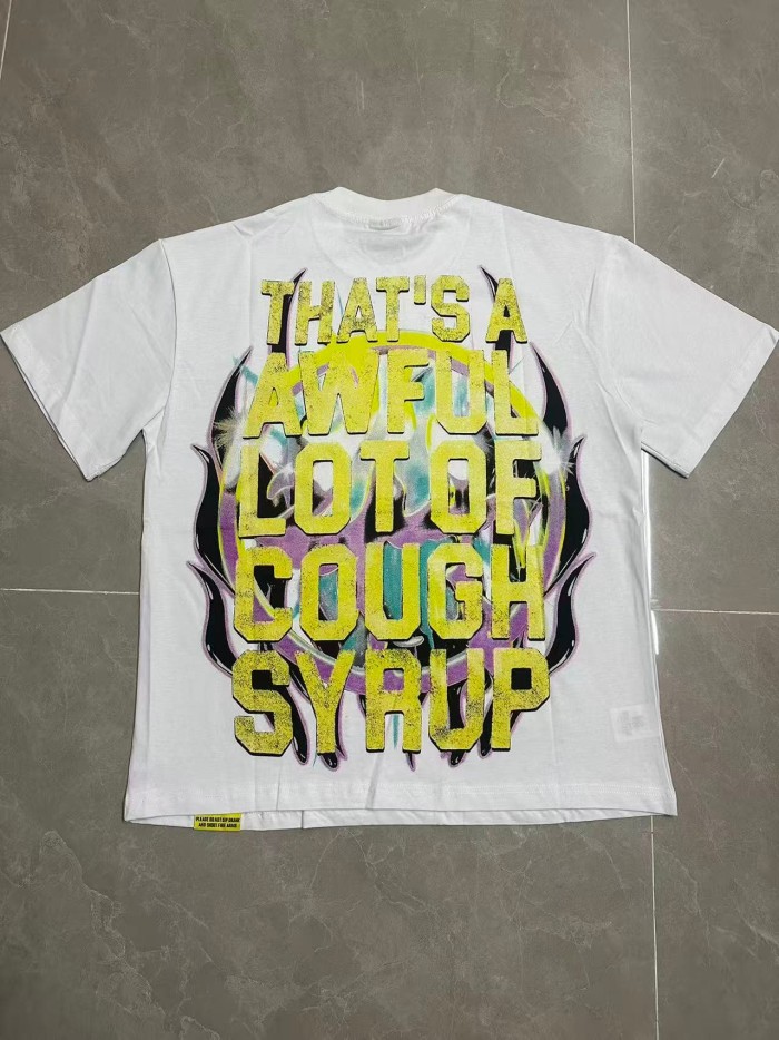 Neon Gradient Skull Syrup Cup Yellow Block Letter Flame Border Slogan Double Sided Print Tee 2 colors 29303958