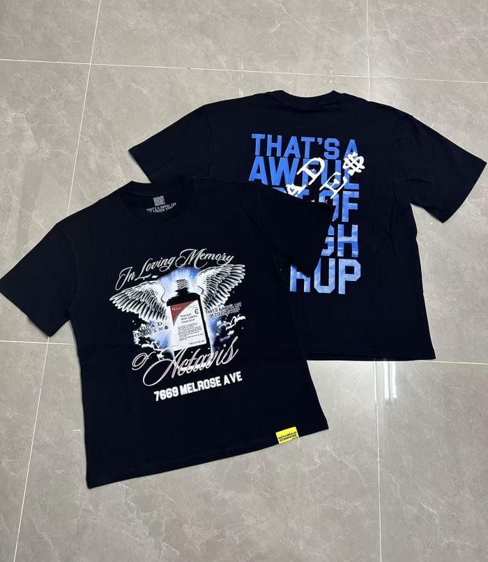 Tribute Memorial Cursive Script Angel Wing Bottle Graphic Back Blue Block Letter Overlay Graffiti Tee 29303858