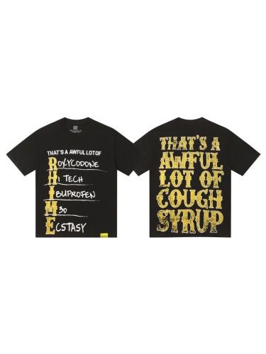 Vertical Stacked Pharmacy Words Front Large Faded Gold Block Letter Slogan Print Tee 29303867