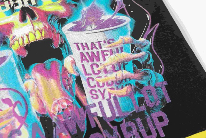 Neon Gradient Skull Syrup Cup Yellow Block Letter Flame Border Slogan Double Sided Print Tee 2 colors 29303958