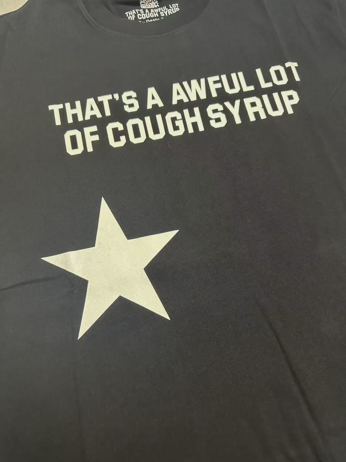 Five Pointed Star Accent Small Font Text Front Large Bold Red Stacked Block Letter Print Tee 29303859