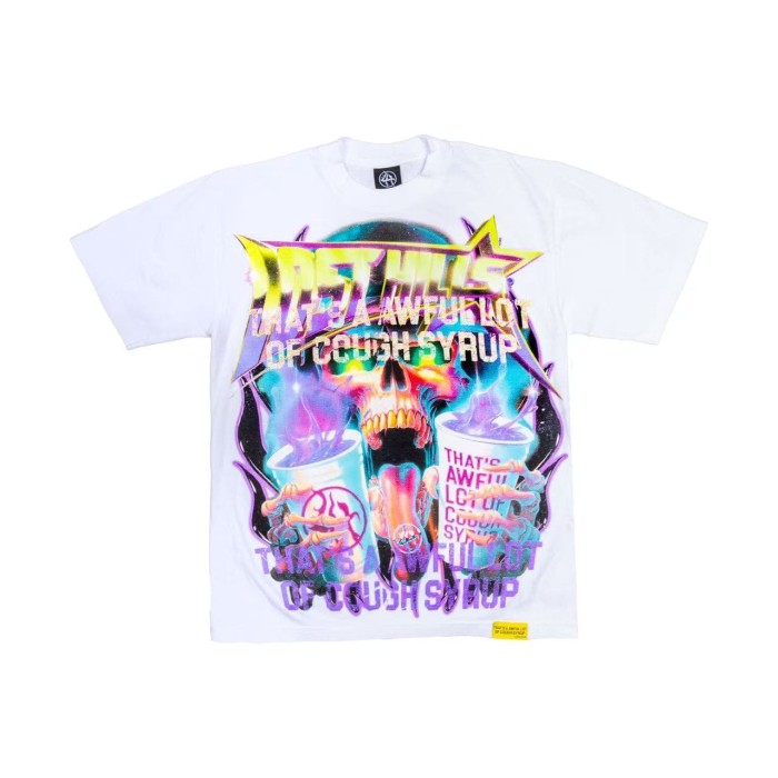 Neon Gradient Skull Syrup Cup Yellow Block Letter Flame Border Slogan Double Sided Print Tee 2 colors 29303958