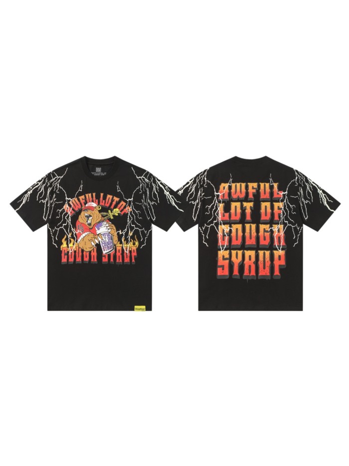 Bear Holding Syrup Cup Flame Outline Arch Letter Front Orange Red Gradient 3D Block Letter Slogan Print Tee 29303918