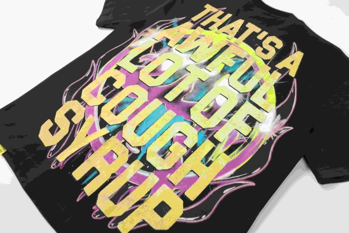 Neon Gradient Skull Syrup Cup Yellow Block Letter Flame Border Slogan Double Sided Print Tee 2 colors 29303958