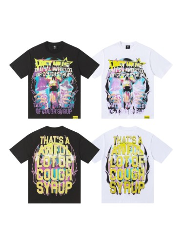 Neon Gradient Skull Syrup Cup Yellow Block Letter Flame Border Slogan Double Sided Print Tee 2 colors 29303958