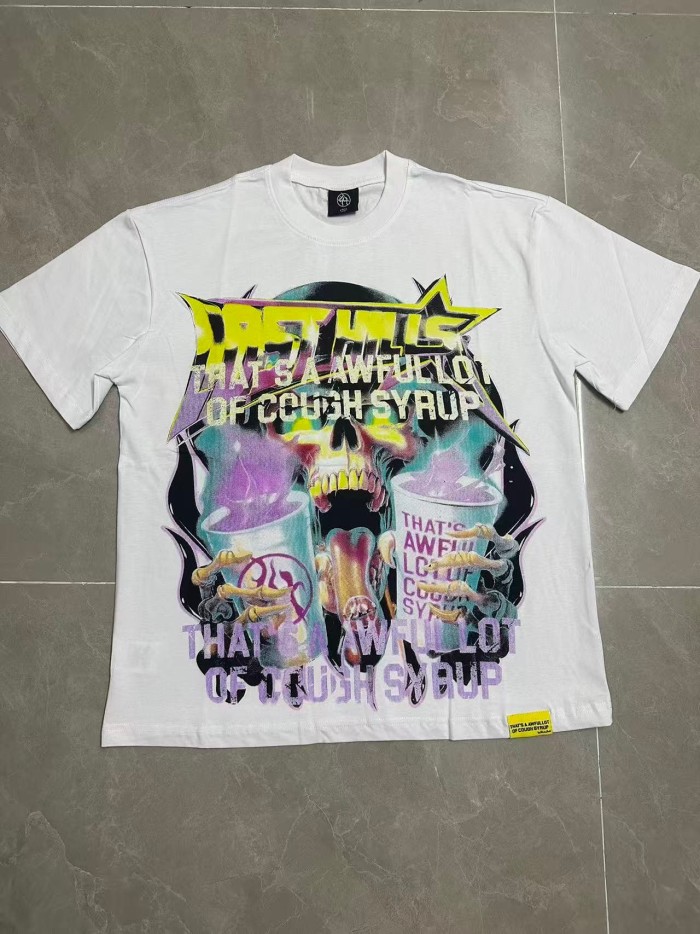 Neon Gradient Skull Syrup Cup Yellow Block Letter Flame Border Slogan Double Sided Print Tee 2 colors 29303958