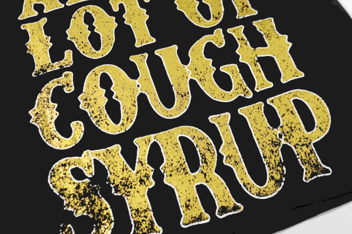 Vertical Stacked Pharmacy Words Front Large Faded Gold Block Letter Slogan Print Tee 29303867