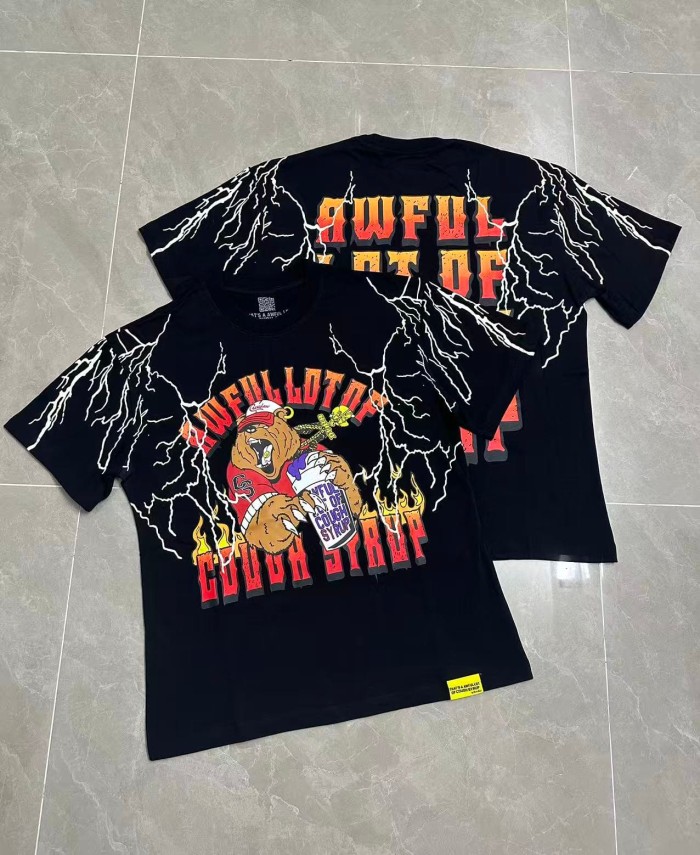 Bear Holding Syrup Cup Flame Outline Arch Letter Front Orange Red Gradient 3D Block Letter Slogan Print Tee 29303918