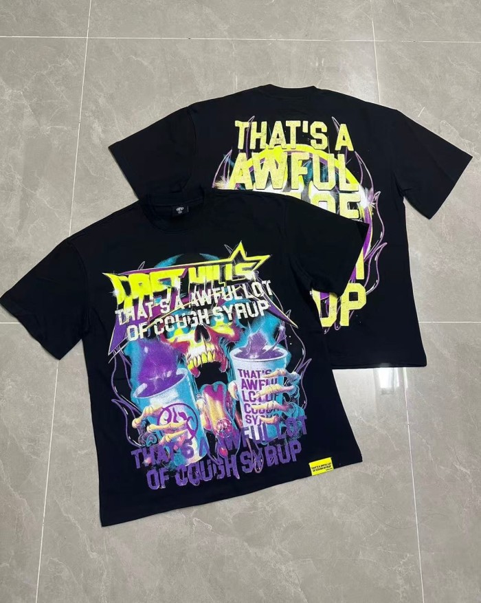 Neon Gradient Skull Syrup Cup Yellow Block Letter Flame Border Slogan Double Sided Print Tee 2 colors 29303958