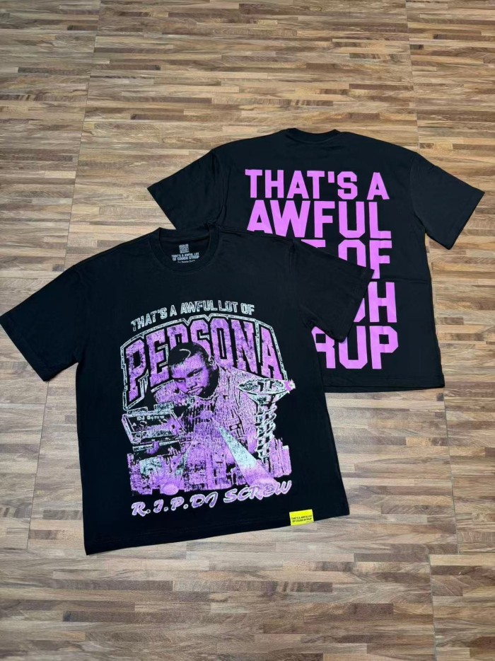Purple Faded Grainy DJ Screw Tribute RIP Memorial Persona Gothic Font Portrait Graphic Print Tee 29303823
