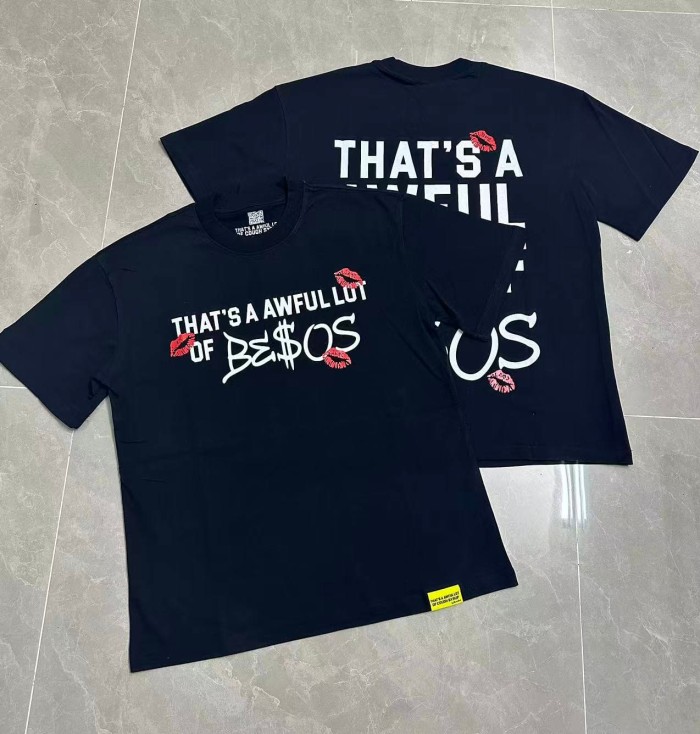 Lip Print Decorated Front Small Text Back Stacked Bold Letter Cursive Word Print Tee 29303861