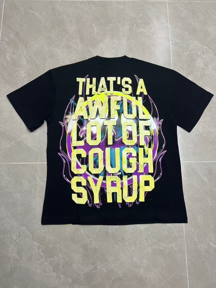 Neon Gradient Skull Syrup Cup Yellow Block Letter Flame Border Slogan Double Sided Print Tee 2 colors 29303958