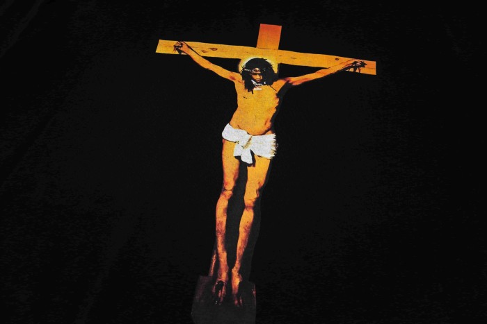 Jesus Crucifix Portrait Front Large Bold Block Letter FREE JEFF Back Double Sided Print Tee 29303891