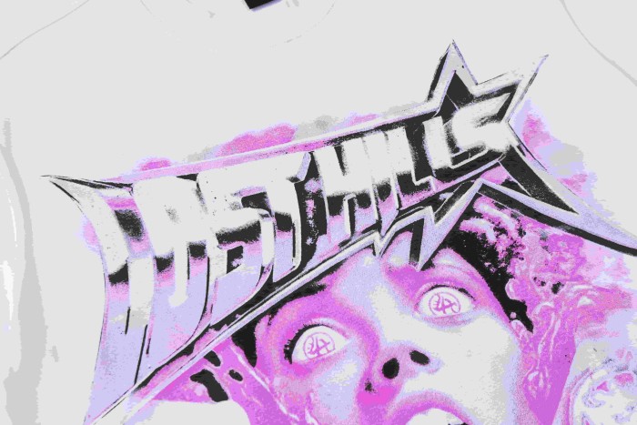 Screaming Horror Portrait Distressed Bottom Text Front Pink Circular Ring Demon Silhouette Graphic Print Tee 2 colors 29303988