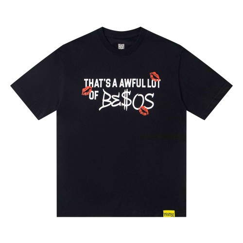 Lip Print Decorated Front Small Text Back Stacked Bold Letter Cursive Word Print Tee 29303861