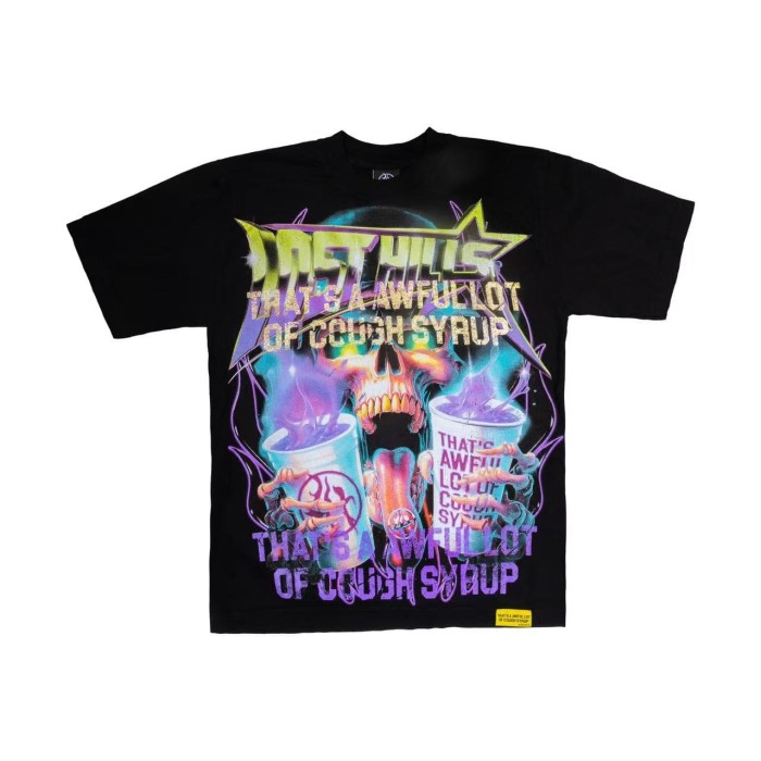 Neon Gradient Skull Syrup Cup Yellow Block Letter Flame Border Slogan Double Sided Print Tee 2 colors 29303958