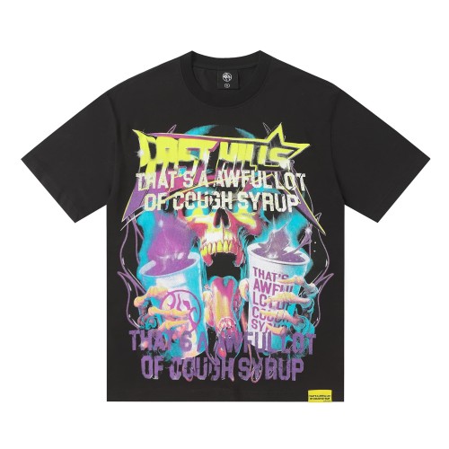 Neon Gradient Skull Syrup Cup Yellow Block Letter Flame Border Slogan Double Sided Print Tee 2 colors 29303958