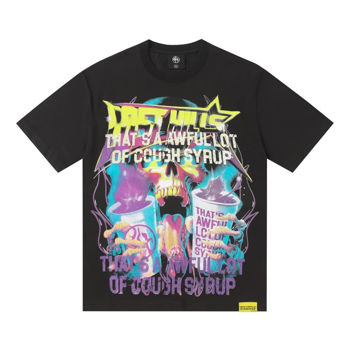 Neon Gradient Skull Syrup Cup Yellow Block Letter Flame Border Slogan Double Sided Print Tee 2 colors 29303958
