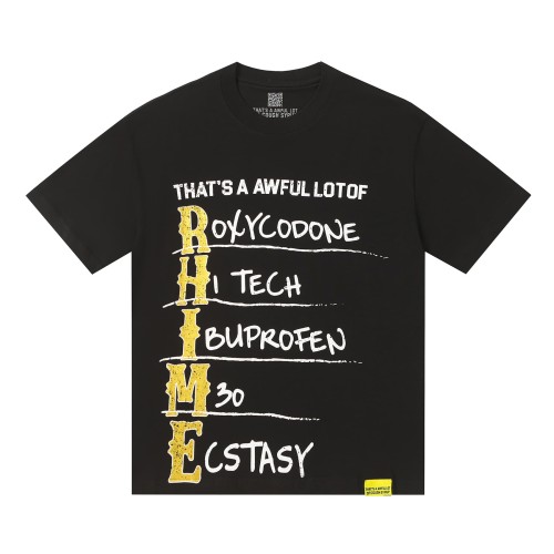 Vertical Stacked Pharmacy Words Front Large Faded Gold Block Letter Slogan Print Tee 29303867