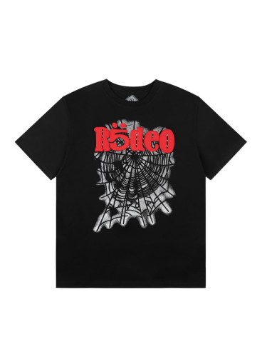 Red Rodeo Text Over Worn Spider Web Single Print T-Shirt 29304794