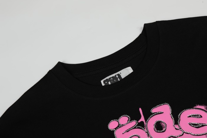 Y2K Drill Streetwear Gradient Pink Splatter Spider Web Outline Rhinestone Inlaid Letter Front Print T-Shirt 29304896