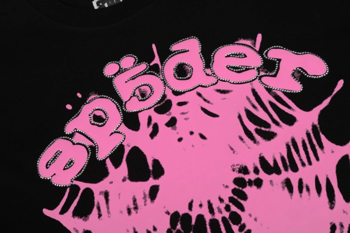 Y2K Drill Streetwear Gradient Pink Splatter Spider Web Outline Rhinestone Inlaid Letter Front Print T-Shirt 29304896