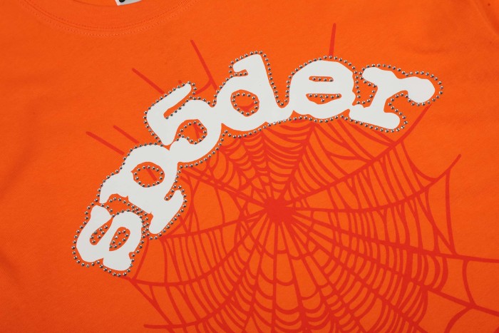 Arch Curved White Rhinestone Beaded Trim Rounded Script Letter Spider Web Print T-Shirt 2 colors 29304801