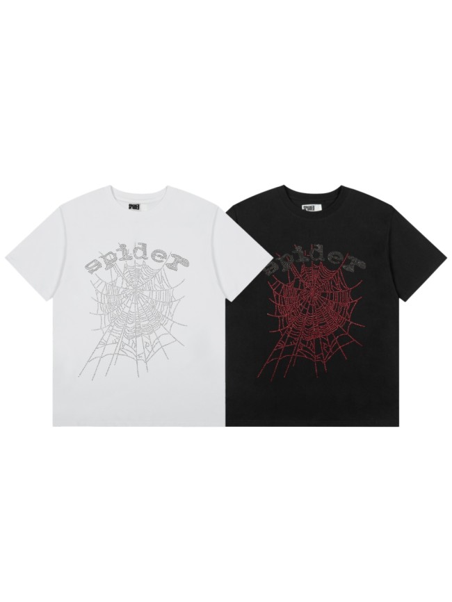 Y2K Drill Streetwear Full Rhinestone Hotfix Crystal Spider Web & Spider Letter Front Print Two-Tone T-Shirt 2 colors 29304837