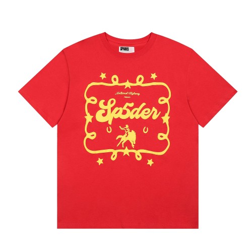Streetwear 3D Raised Puff Foam Rope Frame Cowboy Rider Sp5der Letter Star Horseshoe Front Print T-Shirt 29305042