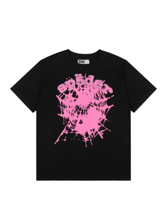 Y2K Drill Streetwear Gradient Pink Splatter Spider Web Outline Rhinestone Inlaid Letter Front Print T-Shirt 29304896
