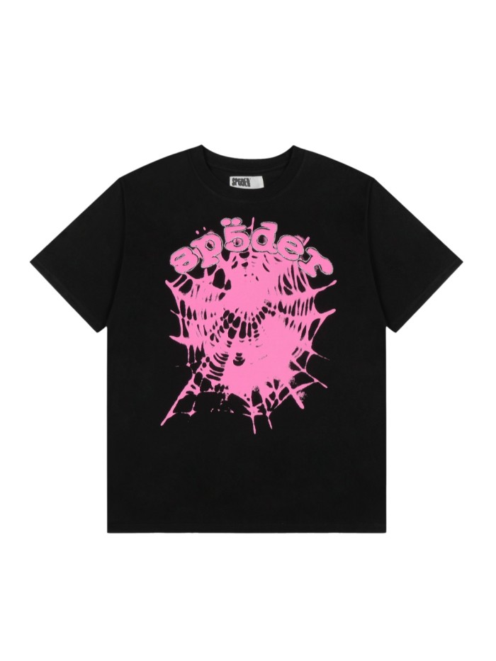 Y2K Drill Streetwear Gradient Pink Splatter Spider Web Outline Rhinestone Inlaid Letter Front Print T-Shirt 29304896