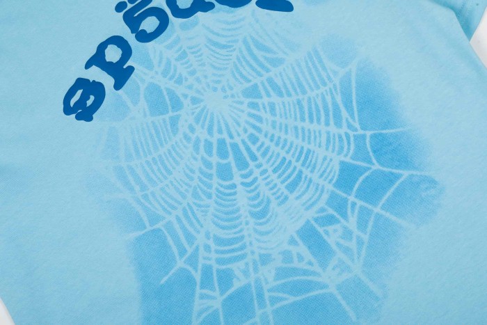 Streetwear Gradient Faded Shadow Wash Spider Web & Dark Blue Sp5der Letter Front Print T-Shirt 29304994