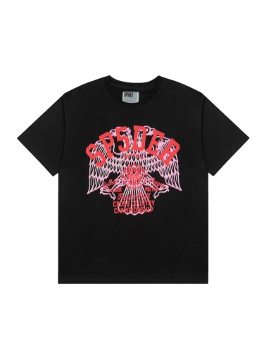 Two Layer Contrast Eagle Wing Silkscreen Print Sp5der Letter Cross Country Text Front Print T-Shirt 29305053