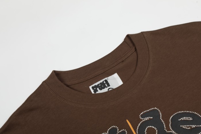 Streetwear Contrast Orange Spider Web Graphic Rhinestone Trim Letter Print T-Shirt 29304917