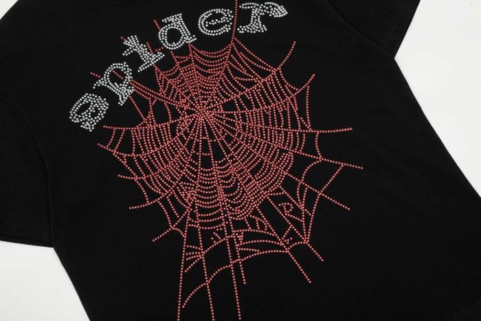 Hotfix Rhinestone Pink Spider Web & White Letter Full Chest Front Print T-Shirt 29305070