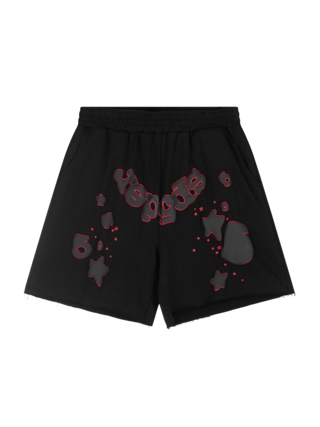 Puff Print Bubble Text Outline Star Pattern Raw Edge Elastic Waist Drawstring Sweat Shorts 29305218
