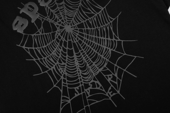 Streetwear Tone-On-Tone Dark 3D Raised Puff Foam Spider Web & Letter Front Print T-Shirt 29304887