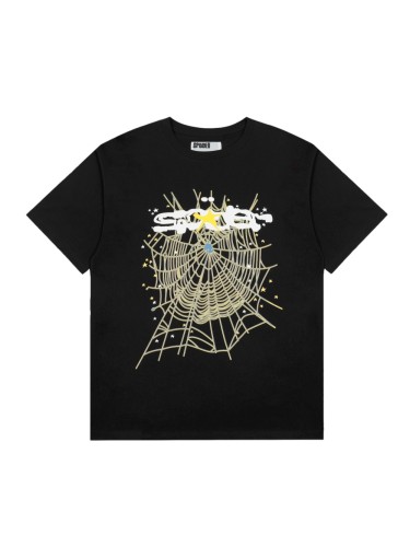 Solid Black Base White Text With Yellow Star Over Star Detailed Spider Web Print T-Shirt 29304813