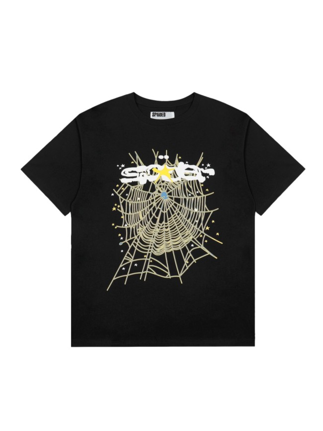 Solid Black Base White Text With Yellow Star Over Star Detailed Spider Web Print T-Shirt 29304813