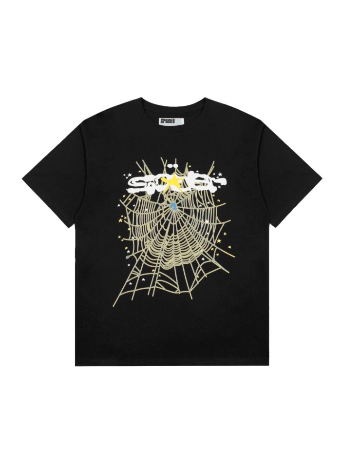 Solid Black Base White Text With Yellow Star Over Star Detailed Spider Web Print T-Shirt 29304813