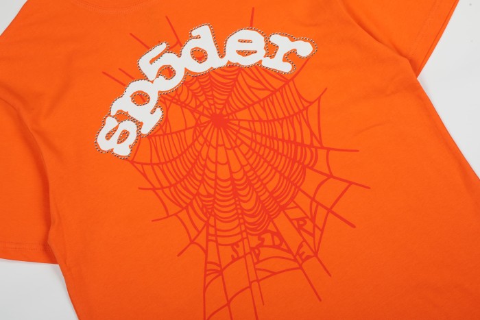 Arch Curved White Rhinestone Beaded Trim Rounded Script Letter Spider Web Print T-Shirt 2 colors 29304801