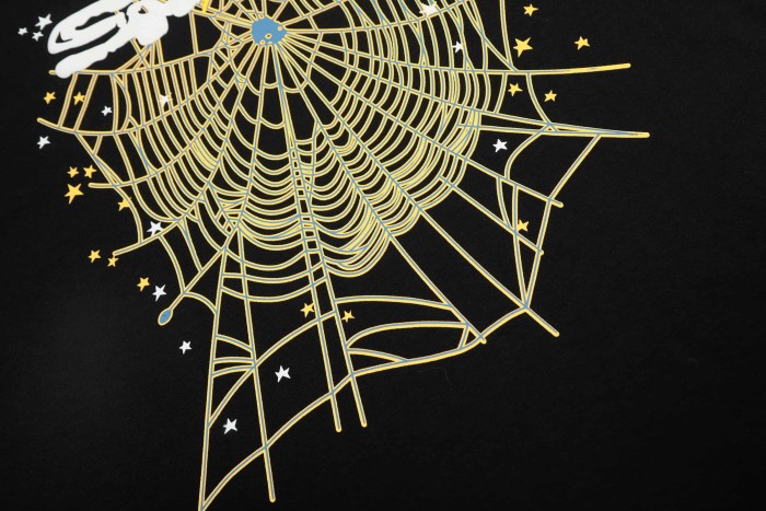 Solid Black Base White Text With Yellow Star Over Star Detailed Spider Web Print T-Shirt 29304813