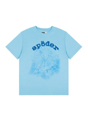 Streetwear Gradient Faded Shadow Wash Spider Web & Dark Blue Sp5der Letter Front Print T-Shirt 29304994