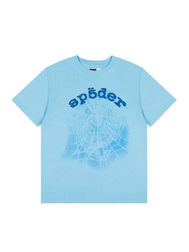 Streetwear Gradient Faded Shadow Wash Spider Web & Dark Blue Sp5der Letter Front Print T-Shirt 29304994