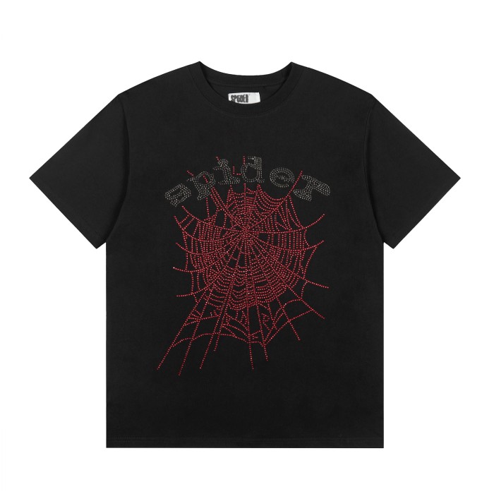 Y2K Drill Streetwear Full Rhinestone Hotfix Crystal Spider Web & Spider Letter Front Print Two-Tone T-Shirt 2 colors 29304837
