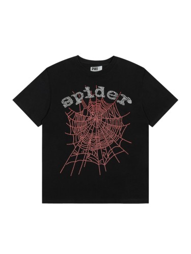 Hotfix Rhinestone Pink Spider Web & White Letter Full Chest Front Print T-Shirt 29305070