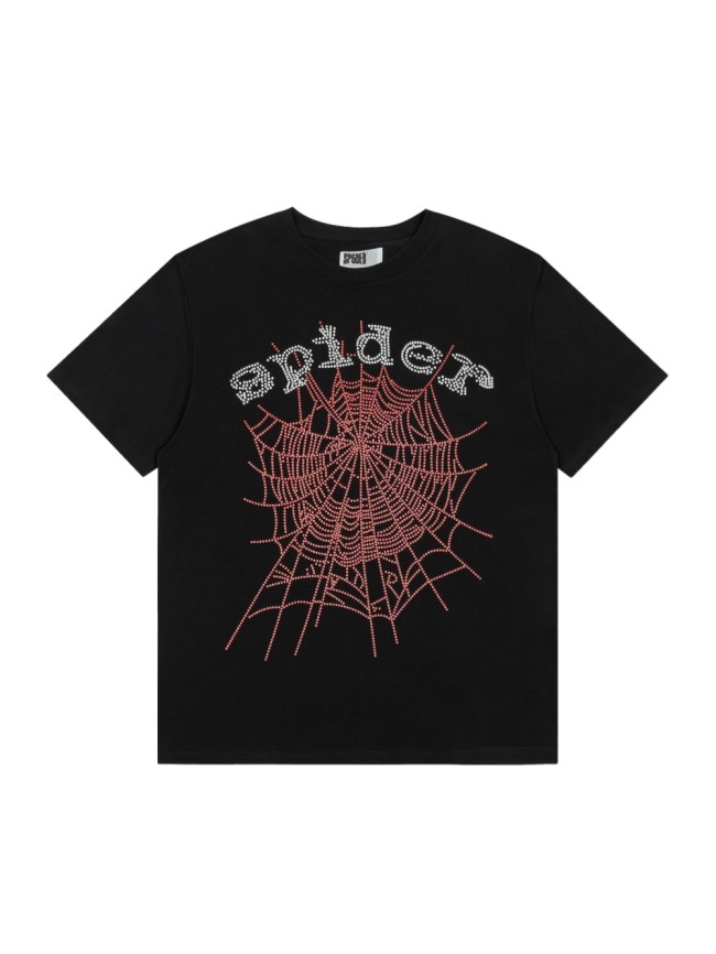 Hotfix Rhinestone Pink Spider Web & White Letter Full Chest Front Print T-Shirt 29305070