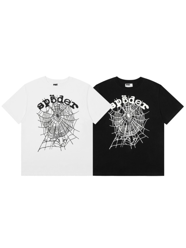 Streetwear Textured Bubble Puff Print Spider Web Graphic Contrast Black & White Oversized Crew Neck T-Shirt 2 colors 29304835
