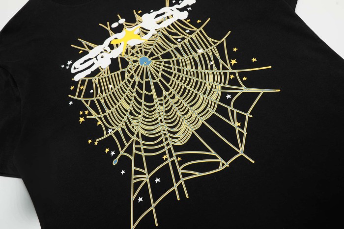 Solid Black Base White Text With Yellow Star Over Star Detailed Spider Web Print T-Shirt 29304813