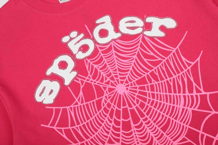 Arch Curved White Rhinestone Beaded Trim Rounded Script Letter Spider Web Print T-Shirt 2 colors 29304801
